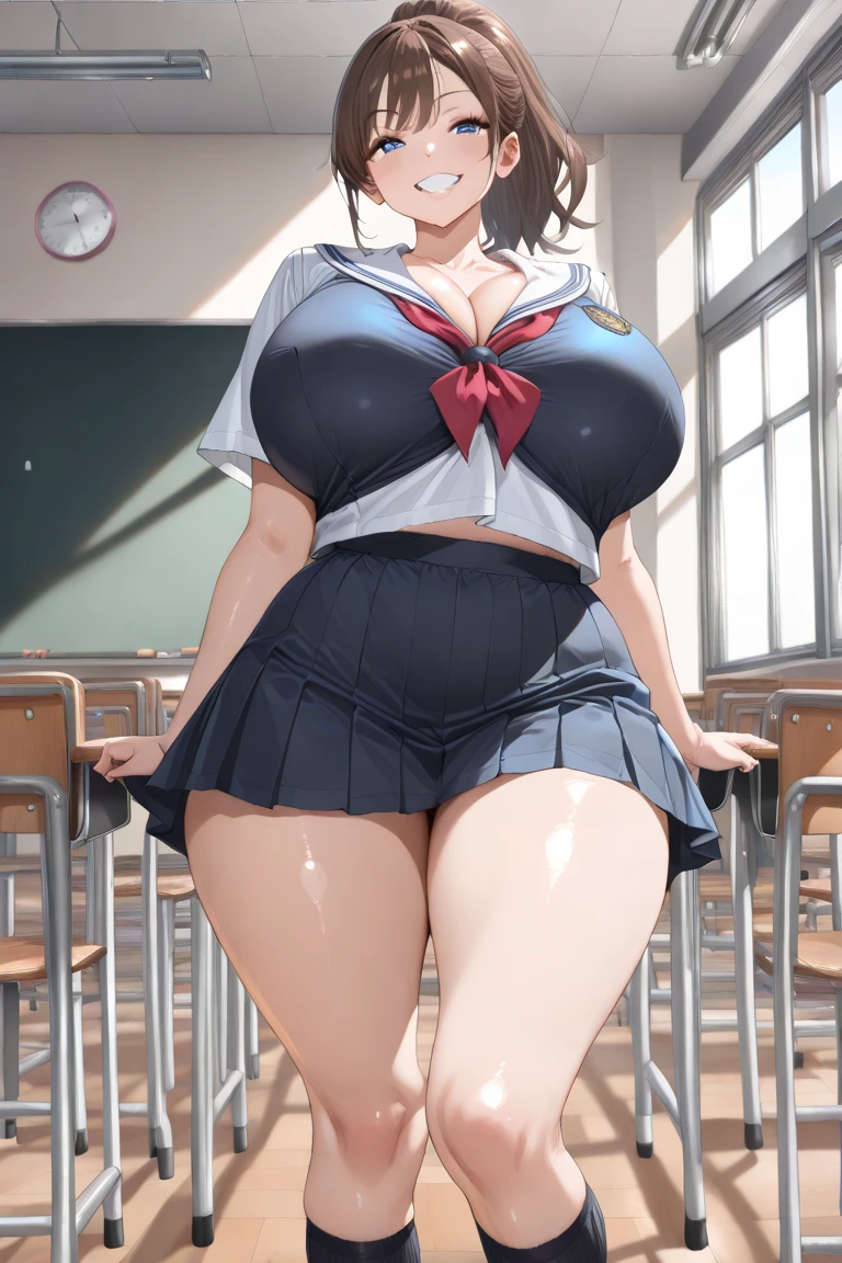 huge breasts, big hips,full body shot, mature mother, Whip whip lower body, plump thighs, plump calves, bewitching mature woman, Perfect body, plus size model,high school girl,sailor suit, skirt is short,Mature woman wearing sailor suit,