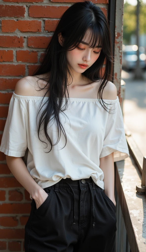 ((best qualtiy,8K,tmasterpiece:1.3))),Clear focus:1.2,(layer cut,The large:1.2),Beautiful Women in Perfect Figure:1.4,Slender abs:1.2,Moist body:1.5,Highly Detailed Face and Skin Textur,Detailed eyes,二重まぶた,Long hair loose T-shirt,The shoulder straps slip off,Snowy peaks in sight,Short skirt narrow waist,Jade legs staggered,Small cherry bites,Hair is slightly curled,The gaze is like water,Sit against the wall and have a fresh tone,Picture harmony