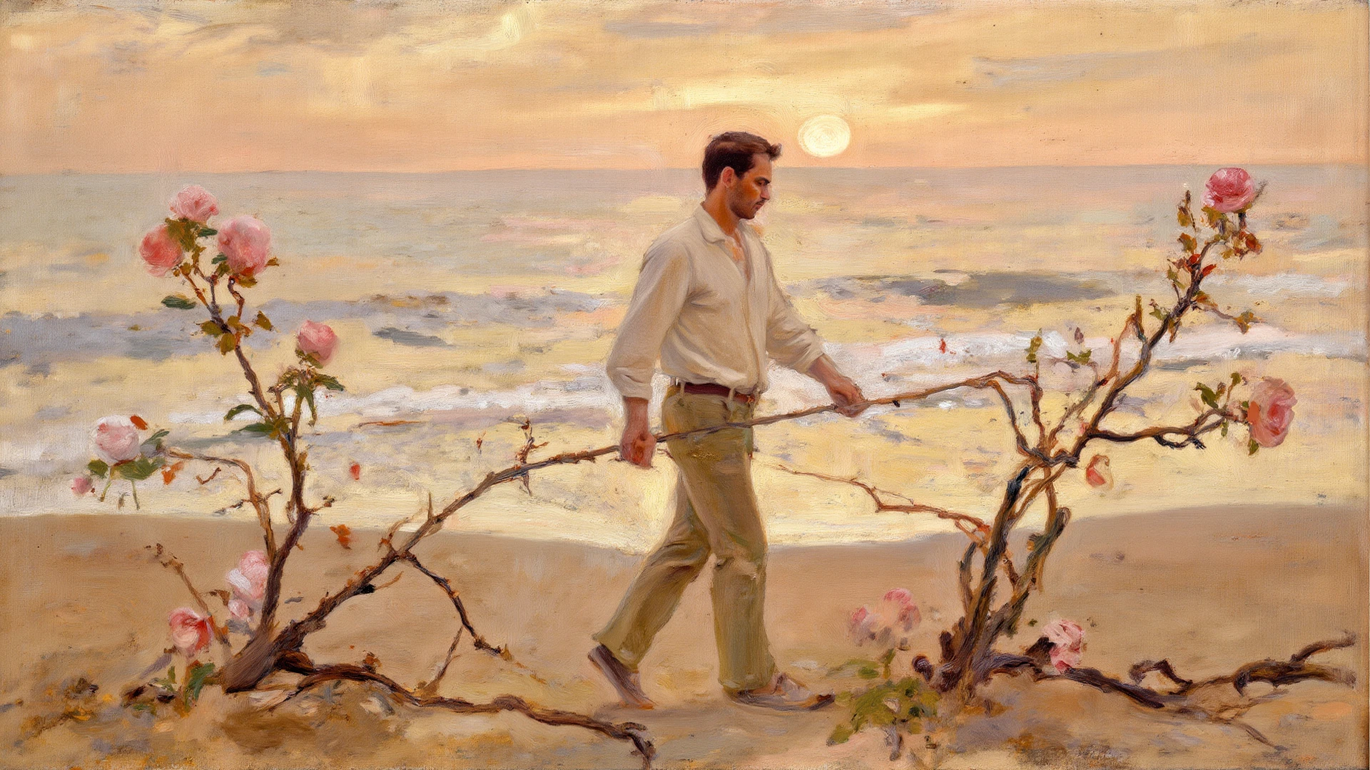 Image of a man, no shirt, historical pants, portrayed in a lush oil painting style with dynamic, rich strokes and a palpable thickness of paint evoking a sense of movement, set against a beautifully rendered vineyard bathed in golden sunlight. The composition merges historical elegance with contemporary sensuality, emphasizing the graceful curves and form of the body, while the background features sprawling grapevines and soft hills that add depth and warmth, creating an inviting and harmonious atmosphere.
