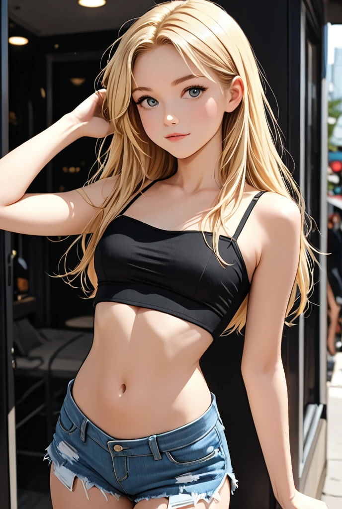 18 year old beautiful girl, ojos grandes, senos grandes, delgada, small, 8k, calidad superior, (Cabeza muy detallada: 1.0), (cara muy detallada: 1.0), (cabello muy DetallaDo: 1.0), Arte oficial muy detallado, Estilo de arte Anime Moe, Arte de anime limpio y detallado, They are smiling, cabello dorado, cabello largo y liso, pecho desnudo