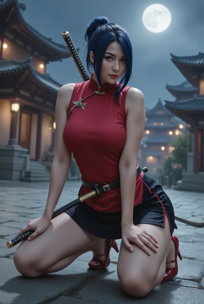 (masterpiece, best quality, cinematic, photorealistic, ultra-detailed), (1girl, female ninja), sexy body, (wide shot, from below:1.5), perfect hands, wide hips, (bursting breasts, large cleavage:1.3), round ass, (wearing kunoichi dress, a black ensemble consisting of a tunic, tabi socks, hakama skirts, and arm guards, ninja mask and ninja hood, with blue highlights:1.5), (spiky and messy short blue hair, brown eyes), (seductive pose, carelessly leaning:1.4), (detailed eyes, detailed pupils), (naked), (night, full moon)