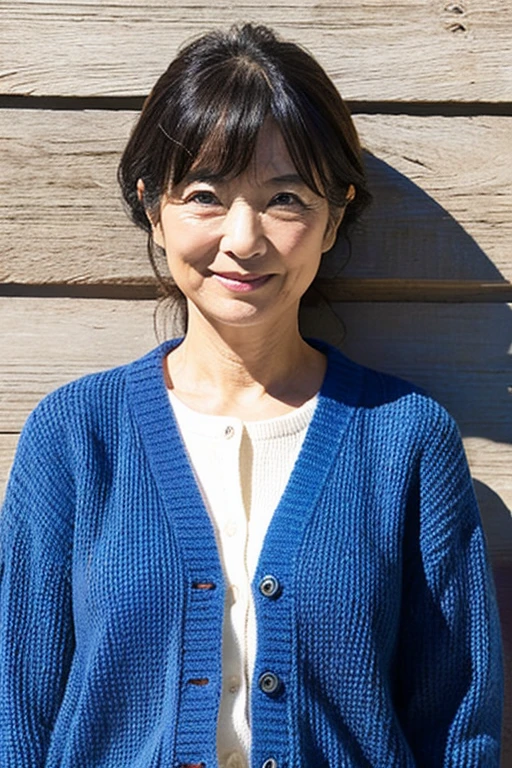 58 years old　big breasts　woman　gentle smile　big eyes　front teeth　short bob hair　Japanese　classmate、Full body angle