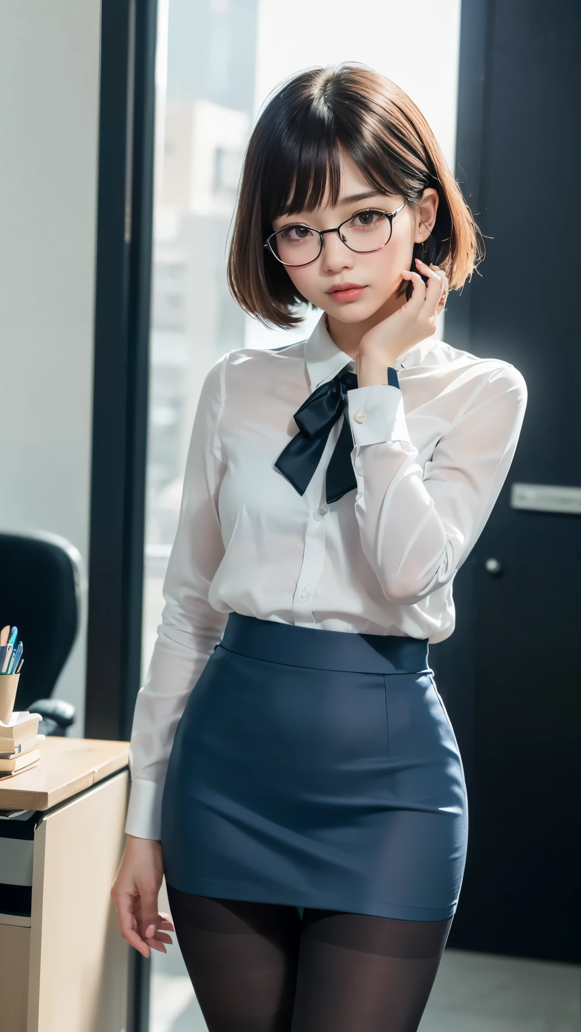 One girl, alone, woman, View Viewer, teacher, Hair Bun, Glasses, blouse, Pencil Skirt, Crossing your legs, Sitting, Chair, mature woman BREAK score_9, score_8_superior, score_7_superior, score_6_superior, 