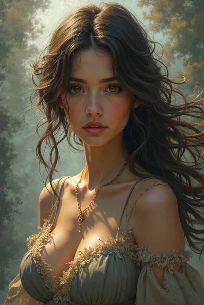Best quality, masterpiece, ultra high res, (photorealistic:1.5), raw photo, 1girl, in the dark, deep shadow, low key, cold light, brunette color long wavy hair, white frock, flower band in hair, blue eyes, cover breast with frock
