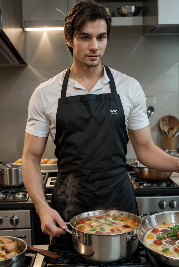 Tanned handsome young man in his 20's, Chris Redfield, mischievous smile,