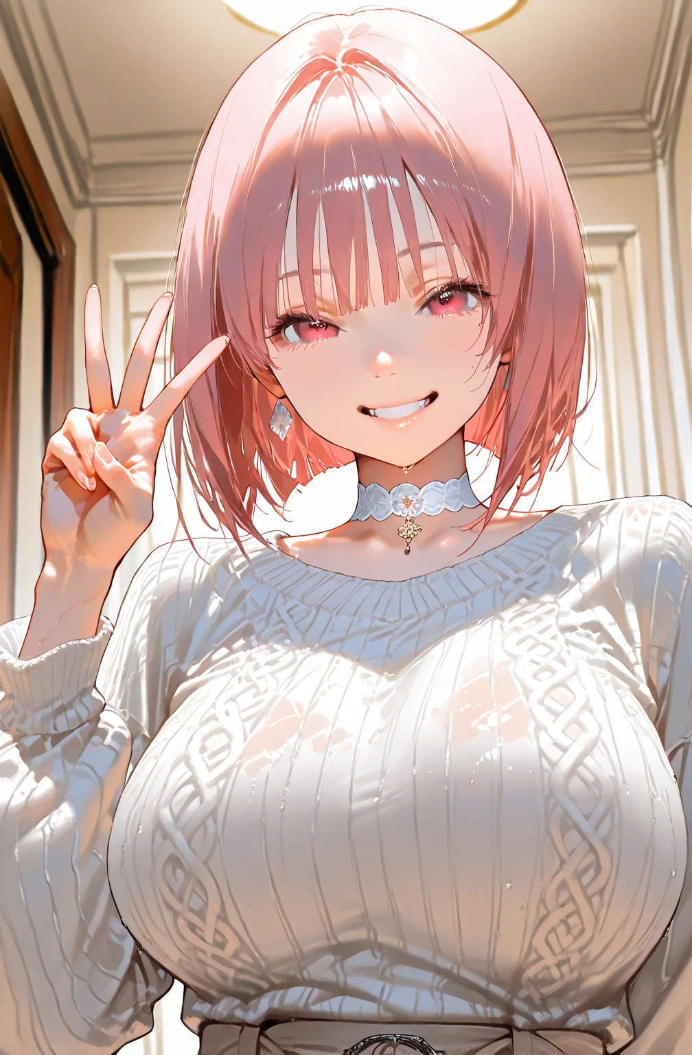 (masterpiece), ((最high quality)), (masterpiece,最high quality,Official Art,Highly detailed CG Unity 8k wallpaper)、Beautiful Japanese Women、Face drawn in detail、Smooth Skin、Calm expression、high quality、Realistic、((Hollow Eyes:1.3))、A seductive smile、((Open your mouth wide:1.9))、Looking up at the viewer:1.4、(Saliva:1.6)、((Place one hand over your mouth))、Big Breasts、Pink Hair