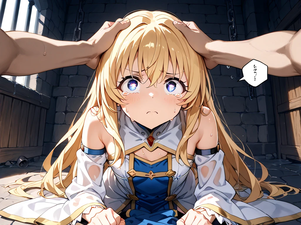 masterpiece, best quality,Ultra Detailed, 1 Girl, Priestess_goblin slayer afraid,cry,Scream,sitting,from above,Close your eyes,Puddle,cave