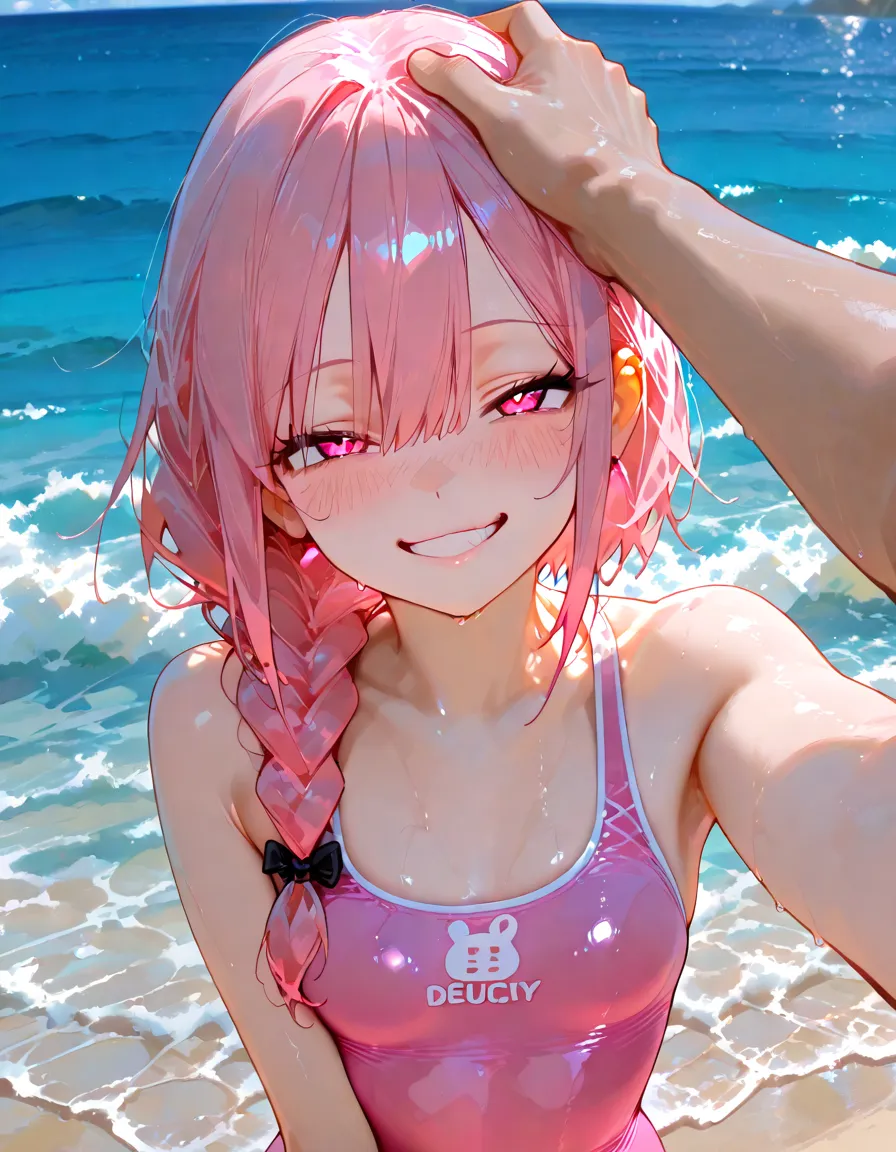 girl, young, blue eyes, looking at you, small breasts, clear pink hair, detailed face, detailed eyes, detailed body, perfect lighting, perfect shadows, perfect eyes, perfect hair, perfect face, gorgeous body, detailed hands, glistering body, shiny body, spectacular effect, ((pink sports bra)), beach, clear sky, straddle view, down angle, sexy pose, cum covered, orgasm face, orgasm, riding dildo, ((pink cotton panties))
