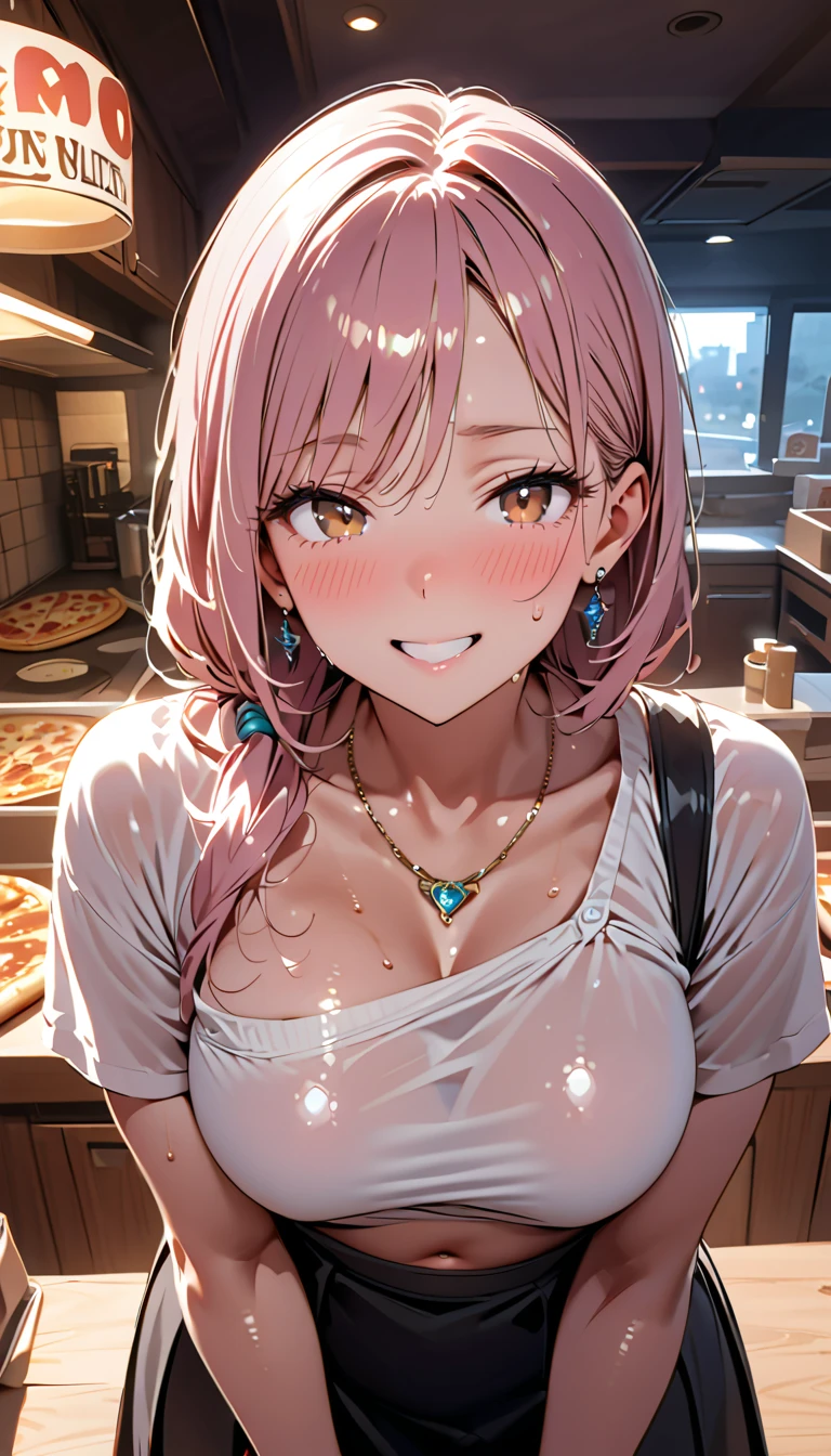 yuigahama yui, short hair, Brown eyes, Pink Hair,  Single bun hair, 
One girl,  

View your viewers, 
(masterpiece:1.2), highest quality, High resolution, unity 8k wallpaper,  (Beautiful and beautiful eyes), Highly detailed face, Perfect lighting, Highly detailed CG, (Perfect Anatomy),

blush, smile, Open your mouth,  
Big Breasts, Focus on the chest, Bare shoulders, 
Upper Body, 
White ruffle knit sweater,  
Cafe Background, Blur the background, 