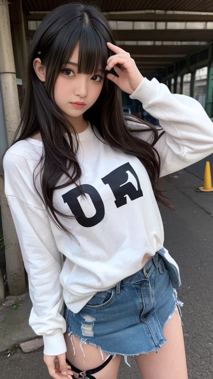 Raw photo, candid, textured skin, pastel colors, (dynamic pose, one hip up), 1girl, slender body, pale skin:1, Korean, messy bun, heterochromia, freckles, smiling, oversized hoodie, varsity shorts, thick thighs:1, (wide thigh gap:1.2), rooftop, photorealistic, best quality, 8k, masterpiece