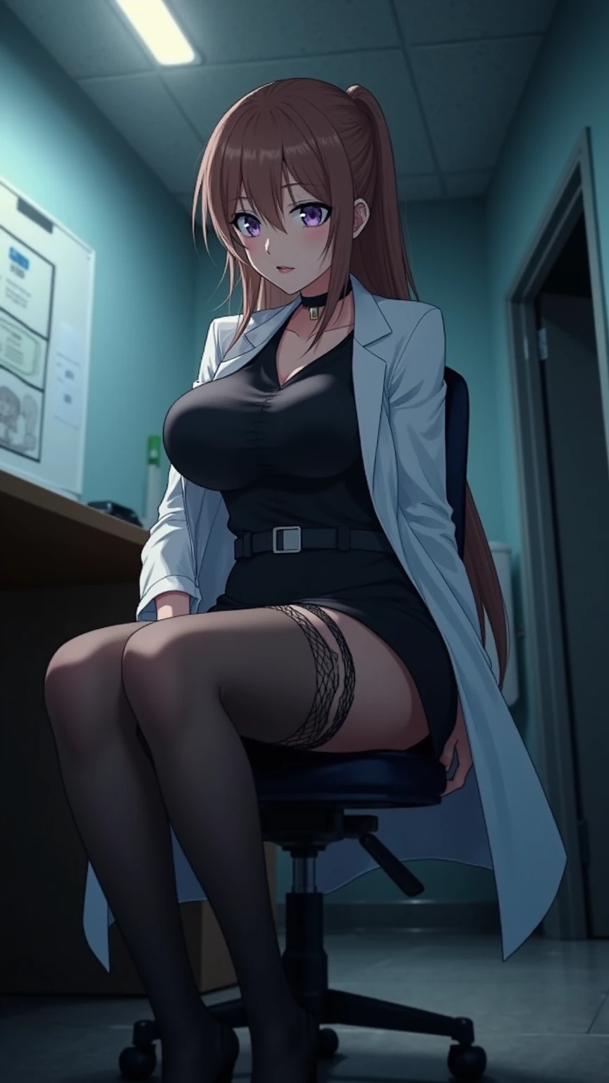 ((masterpiece)),((best quality)),ultra-detailed,illustratio,Explicit,nsfw,Beautiful body,Beautiful Nose,Beautiful character design,perfect eyes,perfect face,wallpaper,ultra highres,4K,photography,(Beautiful, large breasts),(beautiful face:1.2),(full body:1.2),(beautiful legs, perfect legs),shiny skin,anime screencap,Miyano Shiho, 1girl, solo, breasts, thighhighs, crossed legs, brown hair, cleavage, large breasts, high heels, sitting, garter straps, short hair, looking at viewer, smile, labcoat, indoors, blue eyes, aged up, grey thighhighs, crossed arms, black thighhighs, closed mouth, collarbone, shoes, bangs, chair, grey eyes, skirt, full body, window, long sleeves, tiles, tile floor,nsfw,