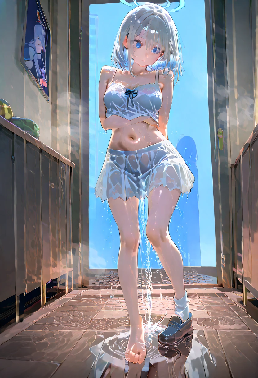 high quality,8K quality,High resolution,(muste piece:1.3), 23 year old woman, (white leotard,choker),(brown skin,short hair:1.2,wet blue hair:1.3,big blue eyes),(Crawling on all fours with both hands,Rear view looking into the distance, dynamic pose:1.4),(Soak in a warm hot spring，steam sと静けさに囲まれて，sweaty, Enjoy hot springs.:1.3), (Photo seen from below:1.4),open-air bath,steam s,background(1 Snow scene,snow mountain:1.2, sunrise:1.3),(Wet clothes stuck to my skin,Nipples visible through clothing,Butt visible through clothes.),small breasts,slender, abs:1.2,(young skinny gravure idol, sophisticated gravure idol),(detailed perfect face),normal hand,normal finger,normal foot,(cameltoe, camel toe,Mansuji)