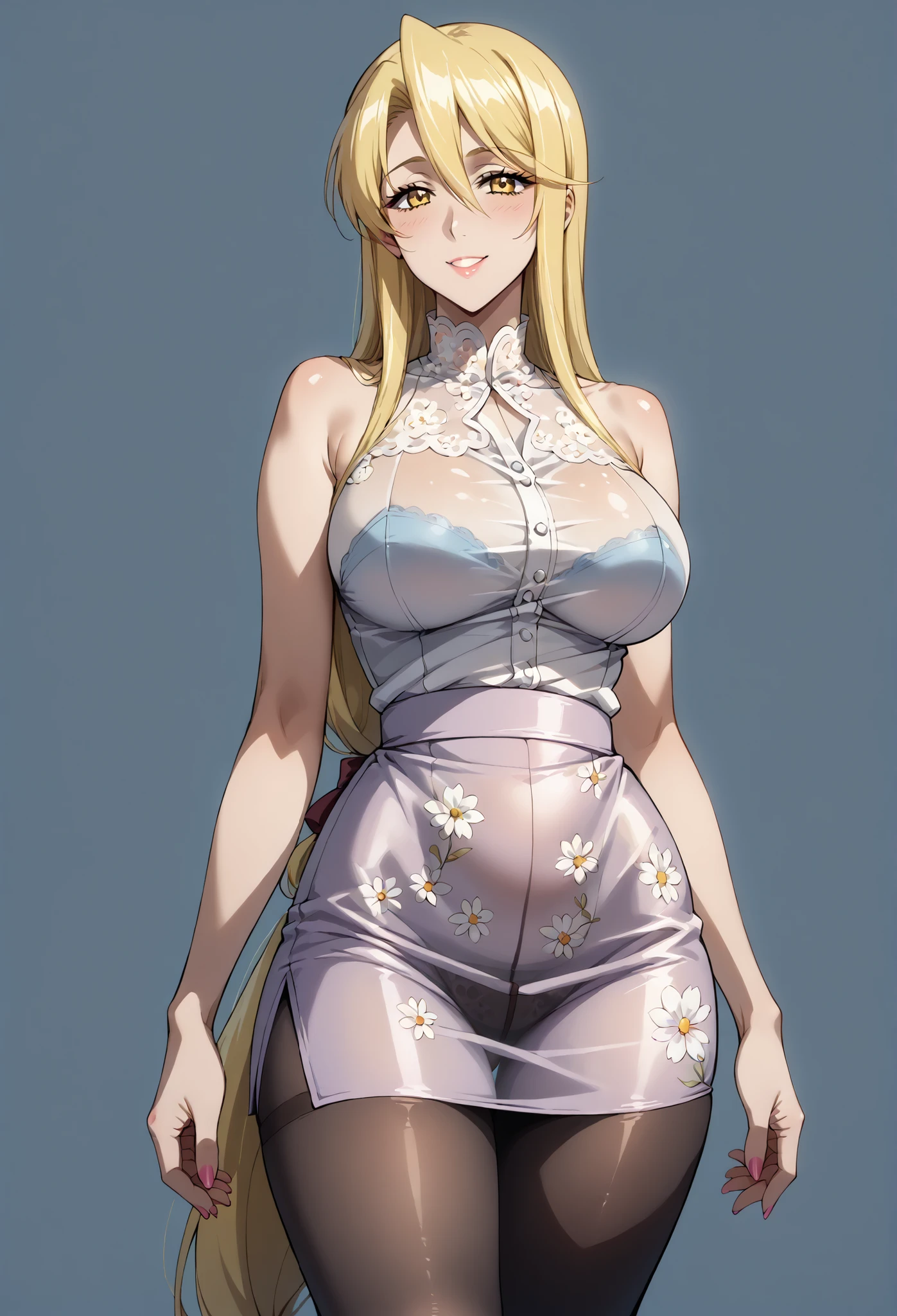 score_9, score_8_up, score_7_up, source_anime, 4K,perfect fingers,(perfect hands, perfect anatomy),prefect lighting, very aesthetic, intricate details,highly detailed background, masterpiece, high quality, best quality,
shizuka marikawa, long hair, blonde hair, very long hair, low-tied long hair, yellow eyes, hair between eyes, smile, large breasts, mature female,
wearing ((One-piece summer tunic lace one-piece summer clothes high waist slimming one-piece summer lace dress V-neck floral pattern elastic waist cinched design, Seamless Ultra-thin All-through Pantyhose,Ultra-thin seamless pantyhose, sexy, all-through, beautiful legs, tights, sheer, pantyhose, women's, Ultra Micro Mini Skirt, underwear simpleunderwear, Bare shoulders, tight skirt, )),,
((Dark plain background:1.5)) ,