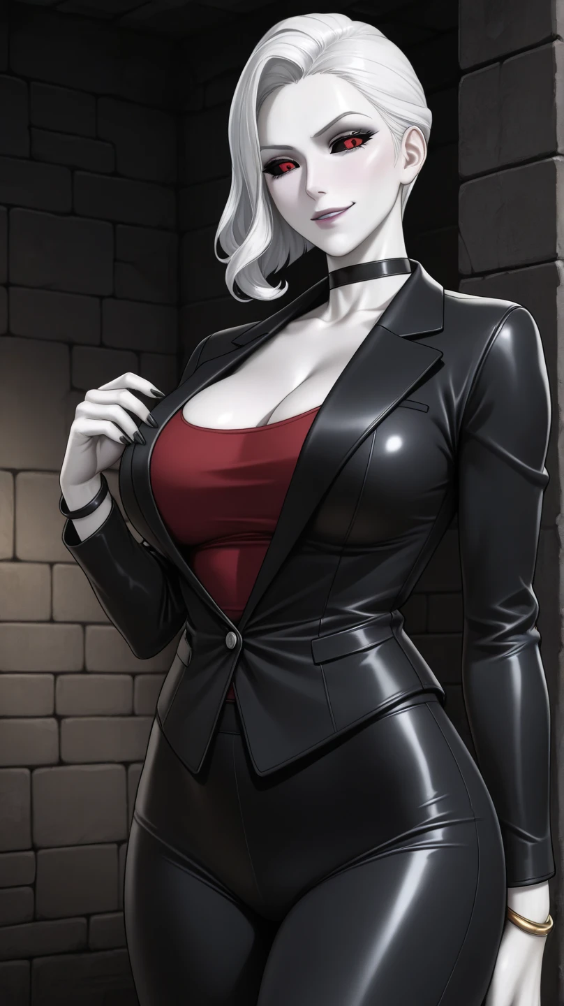 Prison School, Meiko SHIRAKI (Charakter) realistic version, wearing a provocative outfit, tied platinum hair, sadomasochistic mature woman face, sadomasochistic look, long loose bangs, glasses, open sexy police top, provocative take off, big and voluminous breasts, heavy and sweaty, sweaty face, silver iris eyes, super short high school black flying pants, sensuality and elegance, pose for photo, prison outfit, sexy open teacher blouse, super realistic and detailed, prison saddle, prison bathroom, long platinum white hair tied back, serious face, panting, perverted woman, very perverted look, handcuffs, club, restraints, chair, provocative sensual poses, shapely legs, black gloves, sadomasochistic woman, Full HD, best quality, a masterpiece , professional lighting, realistic style