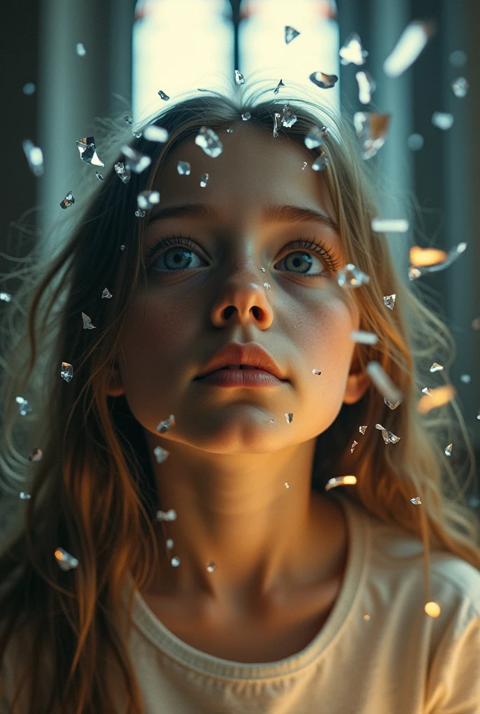 GIRL Russian child with 10 years, blonde long hair, closeup, in a black leather jacket, a closeup of a broken glass window with a black background, shattered glass, broken glass, broken glass ( (sun rays) ), glass breaking, vivid broken glass, a million shards of broken glass, photo of broken glass, shards of glass strewn about,  shards of glass, broken, cracked glass, sharp glass shards, composition of broken mirrors, broken mirror