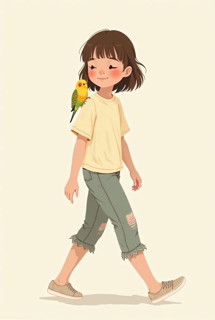 a young little girl with a bird on her shoulder, blurry heavy jpeg artifact, she wears a blue shirt, transparent background, crash, 4k --auto
