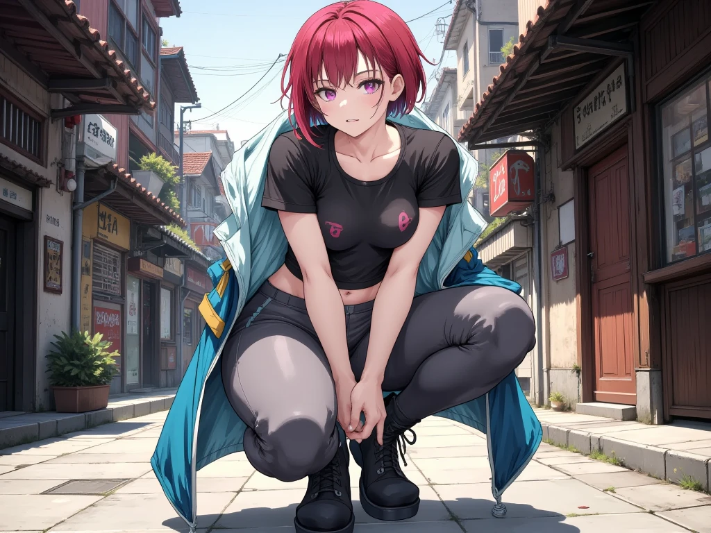 anime, 最high quality, high quality, High resolution, Beautiful woman, High detail, Good lighting, Obscene, transformation, (No nudity), (((Jeans))), ((Tight leather top)), (((Shiny Pantyhose))), Leather thigh-high boots, Bare abdomen, (Wet shorts), (((Be incontinent))), (((Peeing))), (((Peeing on your own))), (Pee running down my legs), Pee stains, (puddle), (Thick thighs), Nice long legs, lipstick, Detailed face, Pretty face, Clean hands, Embarrassed and blushing face, Humiliated, ((Spread your legs)), (squat), ((In a wide alley)), Heherz