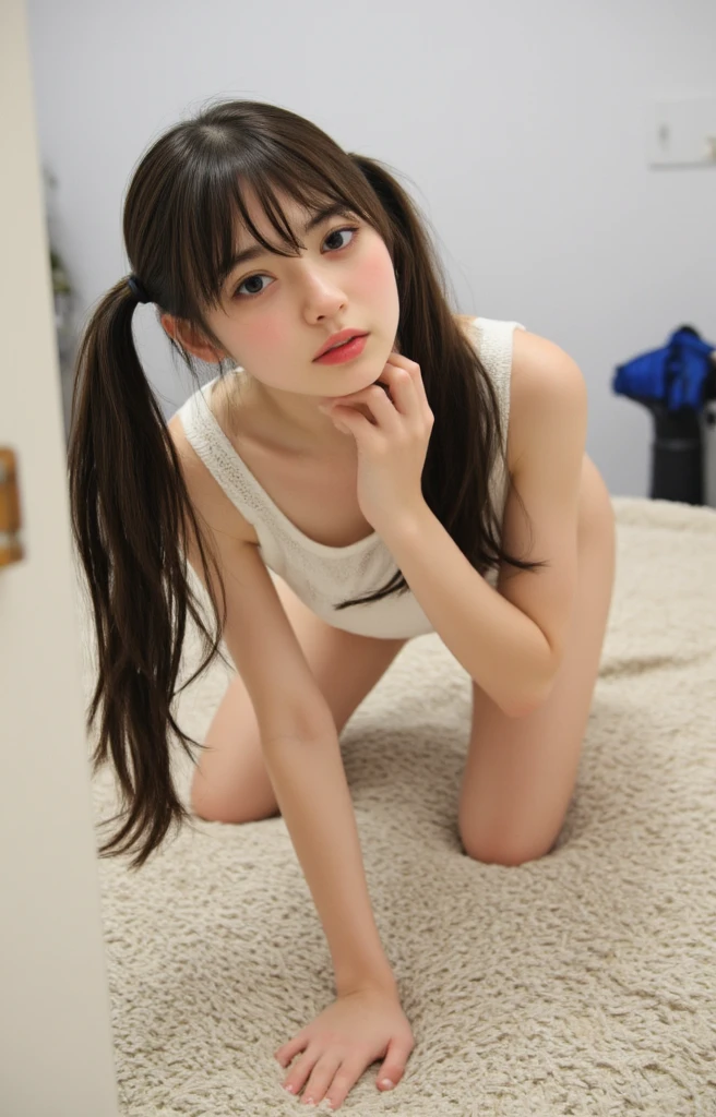 ((女の子1人:1.7)))、((pretty bikini))、a picture、surrealistic、top-quality、adopt、A detailed face、(((a bed)))、(((Building from the window)))、细致背景、diffuse sunlight、depth of fields、Lie down、(((Sit with your hands folded behind your back)))、pigeon-toed、10 year old、Short stature、Super Cute、((Slender body))、(((Super small breasts)))、、Fair Body、delicated face、A dark-haired、((Twin tail hairstyles))、Lifelike face、Shining eyes、((Opening legs))、((low angle shot))、Infant body type、An expression that tasted pleasure that I had never felt before、((((((Something vibrating hits the clitoris directly and feels an intense orgasm))))))、((Lower back floats))、knee high socks、Stretch your chest and arch your back to the maximum with intense pleasure、Fluid overflows from the vagina