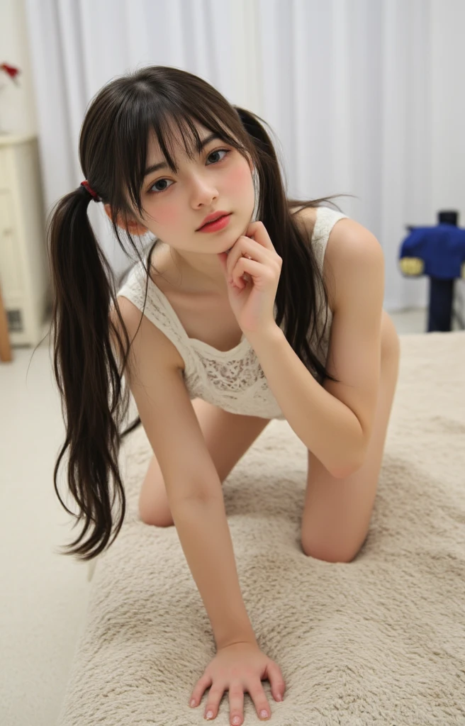 (masterpiece, highest quality:1.4), Award-winning portraits, 8K, 85mm, alone, Beautiful Face, Delicate girl, grace, Sophisticated, cute, Teen, Watching the audience, 15 years old, Raw photo, Disorganized, HDR, Background bokeh、(((Flat 、thin and delicate body、A childish atmosphere、basement)))、Her shiny semi-long hair is tied up、Swinging Hair、Mole on the left cheek、large, round, dark blue eyes、Full Body、Junior idol、Nogizaka Idol、Mole under the eye、sexy、naked、topless