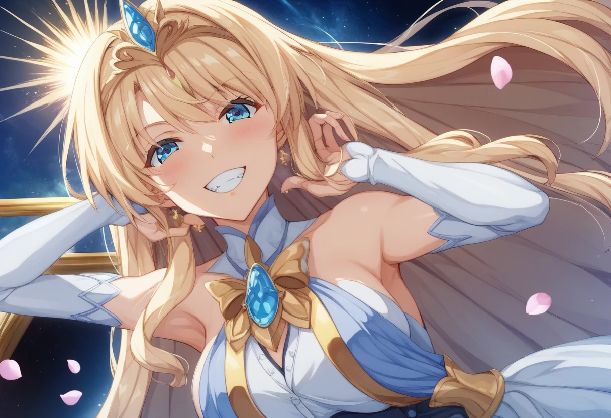 Close-up of a woman wearing a white leotard costume, blonde girl, zodiac girl portrait knight, girl, 魅惑的なPrincessナイト, zodiac girl knight, Dressed in a dress, Tits, big breasts, had big breasts, Dress Girl, Princess, 銀河系Princess, Sapphire Princess, Princess, digital manga art, Hymn to the King as a Princess, armor with an cyrstal sapphire, Smooth anime CG art, High Quality Anime Art Style,