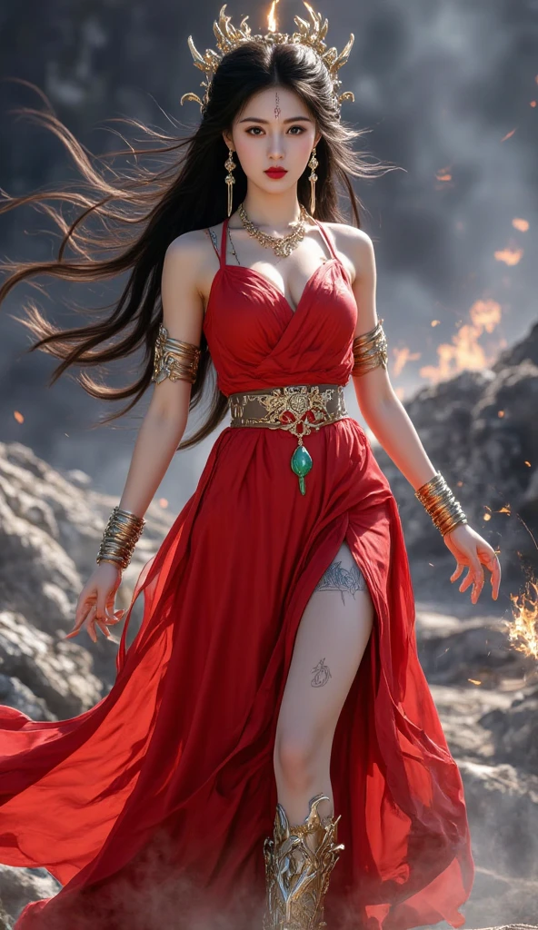 (ultra-quality, ultra-detailed, masterpiece:1.2), (natural skin texture, hyperrealism, 8K RAW photo, hdr:1.2), (realistic, photorealistic), (highly detailed, exquisite details and textures, delicate and beautiful), absurdres, dynamic lighting, cinematic lighting, ray tracing,
NSFW, 1girl, realistic proportions, 20yo Chinese, slender face, (brave detailed and beautiful face:1.2), wavy hair, updo, bangs, evil smiling, makeup, red lips, necklace, earrings, bracelet, (upper thighs shot), fighting stance, from below,
wind, floating hair, cropped shoulders, fire dress, lava, romanticism, professional-grade photographic photographs, flow effect, erotic pose, burning, spinning, zwd, <lora:zwd_v2:0.5>,