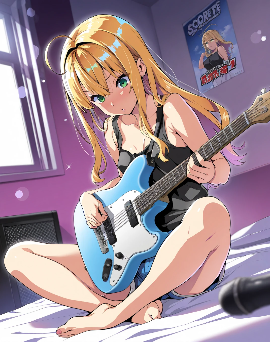 (masterpiece), best quality, expressive eyes, perfect face, 1girl, solo, Marin Kitagawa, sexy, yellow hair pink tips, nude, perfect_body, nsfw, holding a guitar, sitting on a bed, open legs, big_breasts, perfect_pussy