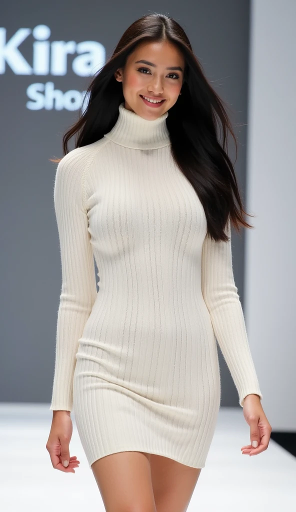 Magazine style photo of a young woman with black long wavy hair wearing a white turtleneck dress inspired by Dior and Céline, indirect lighting, studio portrait, dark plain background, dynamic pose, beautiful body, 160 cm 55 kg, Soho, shot on Kodak Colorplus 200, film photography, f1.8 50mm lens