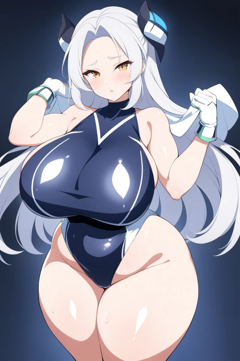 Silent magician,(( ruborizada, sonrisa, ahegao , ahegao expression, Shiny oiled skin )), pelo largo, cabello blanco, (( white hair)), curvy body, chubby girl, gigantic sagging breast , monstruo de duelo, piernas abiertas, Iparuputsua, magic world background, mundo medieval .