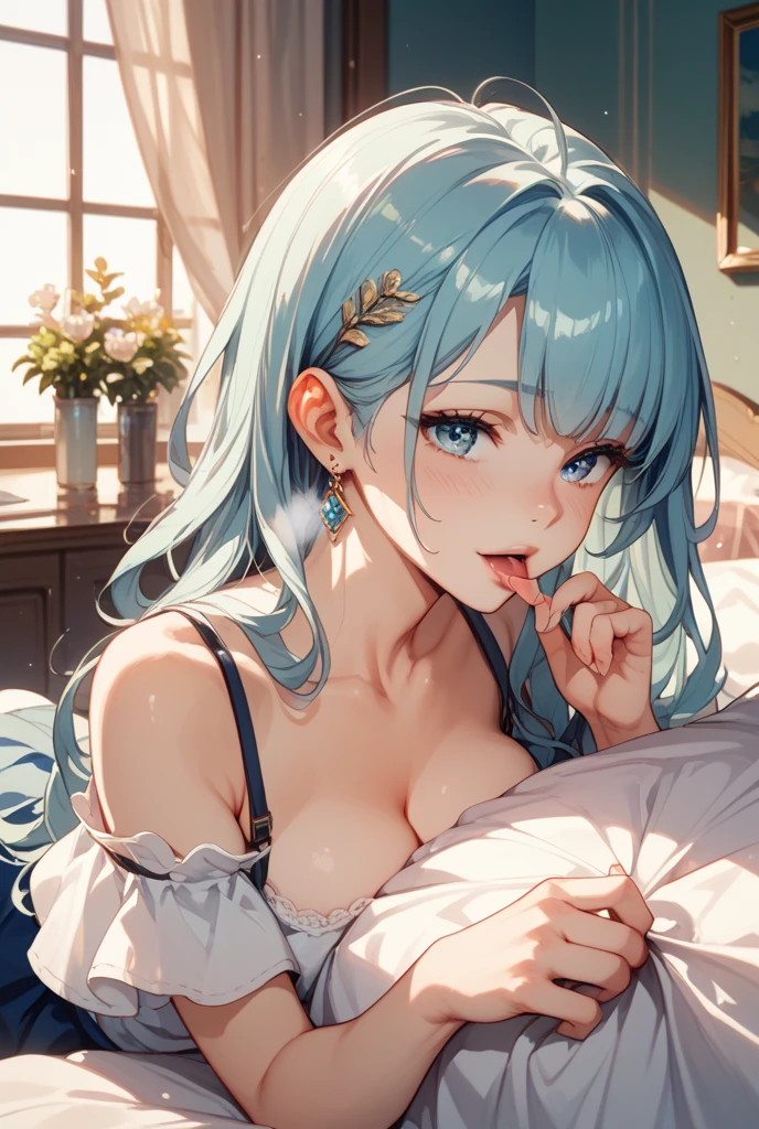 nsfw, masterpiece, best quality, <lora:novowels_flayn:0.75>, 1girl, solo, flayn, smile, mint green hair, hair ornaments, see-through lingerie, puffy lips, upper body, closeup portrait, looking at viewer, from above, indoors, bedroom, bed, amazing, official art, professional illustration, hires