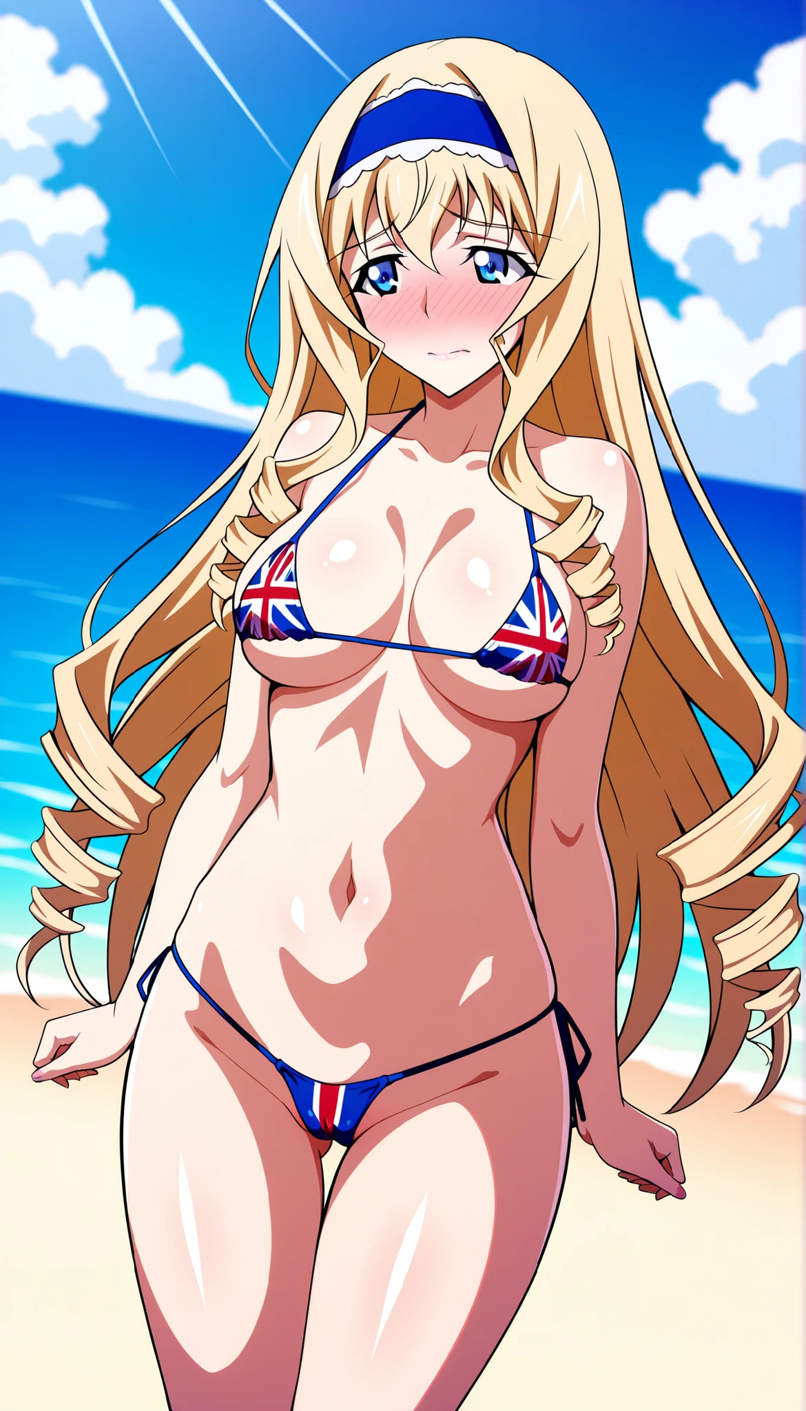 1girl, solo, masterpiece, best quality, beach, large breasts, long hair, smile, closed mouth, <lora:germanflagbikini:0.8>, deutscheflagge bikini