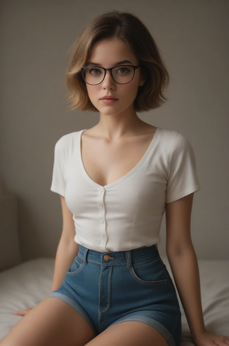 Masterpiece, a beautiful 30 year old Ukrainian woman, glasses, protruding eyes, short brown hair, pixie cut, delicate face, prominent cheekbones, delicate features, thick strong body, pale skin, legs, loose tshirt and no underwear, HD, (detailed skin texture:1.1), best quality, ultra high res, (photorealistic: 1.4), Raw photo, by Ellen von Unwerth, D850 Film Stock Photography, F1.6 Lens, Rich Colors, Realistic, Cinestill 800, backlight, rimlighting, sunlight, looking at the viewer