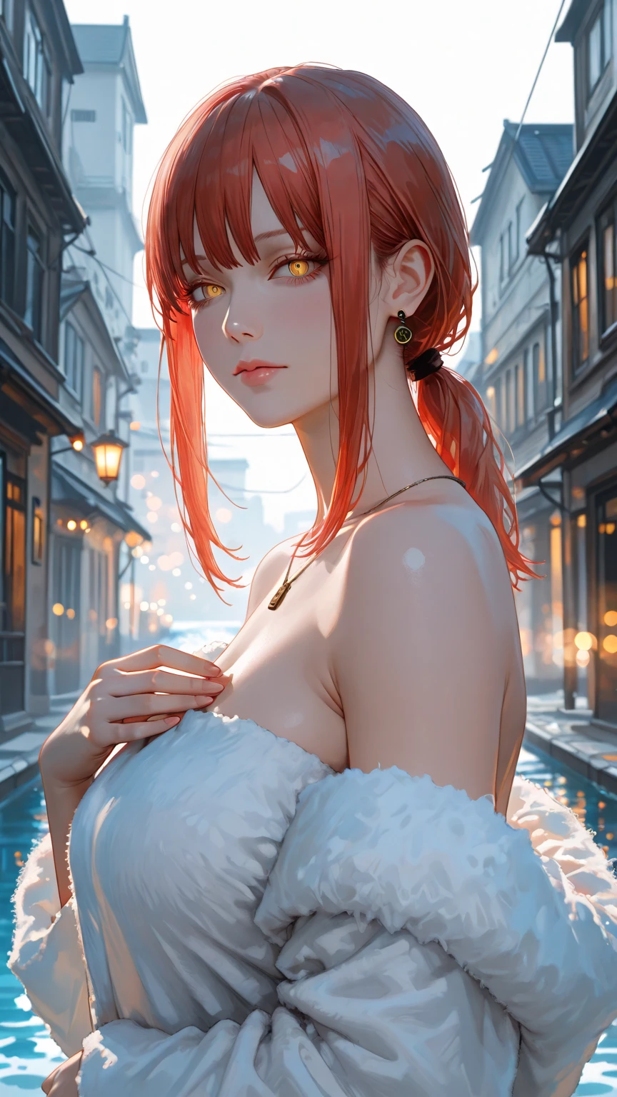 1girl,a beautiful fashion model ,(masterpiece, detailed background, best quality),short and shiny hair, red hair, hair with highlights, bangs, smirk,juicy lips,red lips, calmart, lingerie, stripping, elegant makeup, blue eyes, full body shot, (shiny skin), cyberpunk, sci fi, boa, extravagant jewelry, cocky expression, covered in jewelry, fancy, see through white dress, shiny skin, wet skin