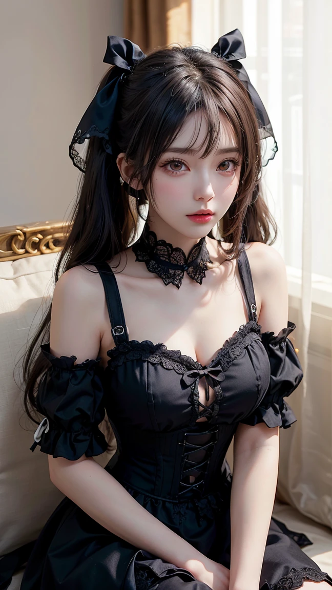 garota linda e bela, olhando fixamente para frente, series, gothic, roupas pretas, cabelo pintado