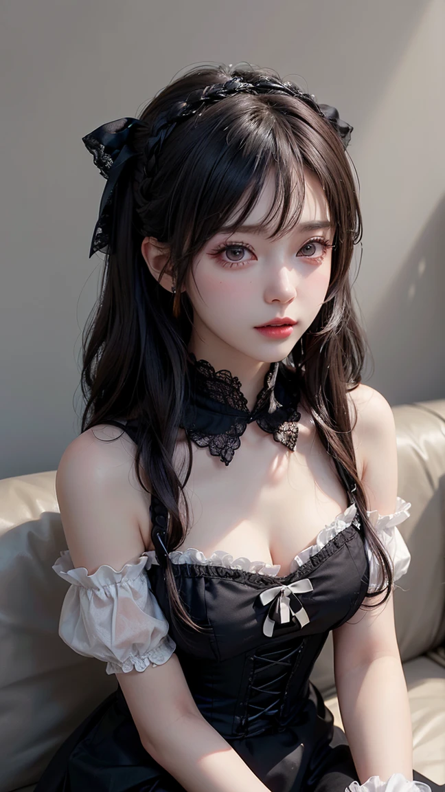 (8K, Realistic, RAW Photos, Highest quality: 1.3), (One Girl), Super beautiful, (Realistic Face), (boyish, Silver Color Become familiarrry Shorthair), Become familiarautiful , A brilliance that captivates the viewer, Become familiarautiful expression, Become familiarautiful breasts, (Realistic Skin), Become familiar...super high quality, Ultra-high resolution, Very detailed, masterpiece, 20-year-old, woman, cute, Perfect Face, beautiful, Nice body, Gothic Lolita clothes, Gothic Lolita Fashion, Frilled Skirt, Head ornament, necklace, bracelet, Knee-high socks, boots, double eyelid, Tear bags, Fine to the fingertips, Description as in the photo, indoor, Dim interior lighting, Black Hair, ponytail, Are standing, whole body, composition that shows the whole body, smile