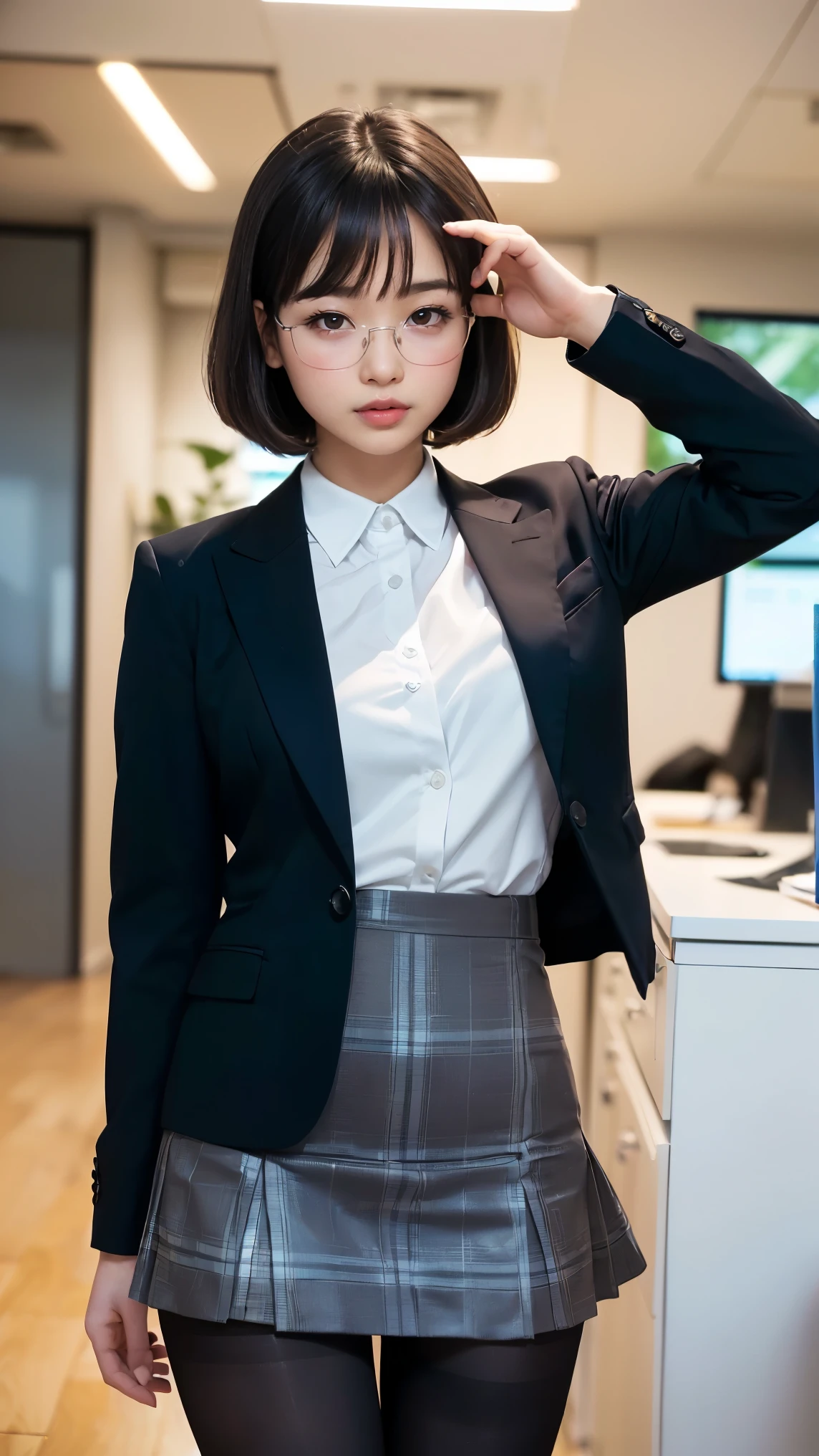 masterpiece、Highest quality、Very detailed、An illustration、Beautiful details、One Girl、cute、Detailed landscape、Library Background、Beautiful Hairstyles、Perfect Anatomy:1.4,4K resolution,((In a suit)),Smiling,(Ultra-realistic), (最高のAn illustration), (Increase the resolution), (8k), (masterpiece), 1 girl, ((The front hair is up)), Slender body, Smile,(Slender girl),(Slim girl),Virtual Girl Lynn,((Tight mini skirt)),Glasses