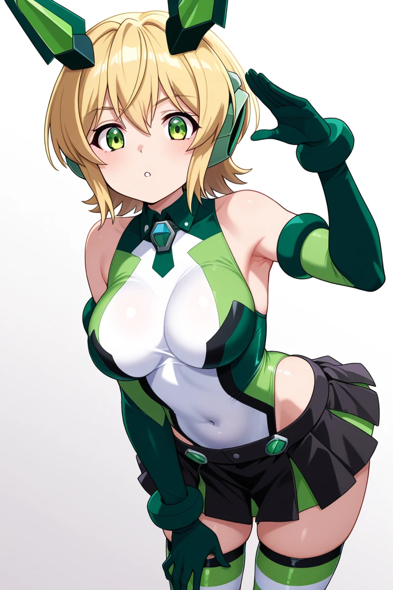 score_9, score_8_up, score_7_up, score_6_up, score_5_up, score_4_up source_anime, rating_safe,best quality, official art, official style, anime_cap, game cg, megami magazine, absurdres,from front.from below, pov,straight-on,standing,(upperbody:1.5),(thighs focus:1.5),(pussy angle view), akatsuki kirika, blonde hair, 1girl, solo, green eyes, looking at viewer,look down, medium breasts ,leotard, armor, shoulder armor, striped thighhighs, (happy,smug),  skirt, gloves, ,striped pantiesshot,(skirtlift:1.2),skirt hold bowing、
