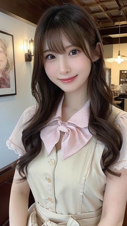 masutepiece, Best Quality,, Ultra-detailed, finely detail, hight resolution,1girl in,1girl,breasts, solo, twintails, large breasts, looking at viewer, cleavage, floral print, smile, brown eyes, partially unbuttoned, open mouth, blush, indoors, shirt, bangs, collared shirt, earrings, upper body, teeth, unbuttoned, buttons, jewelry, clock, long sleeves, blurry, pajamas, chalkboard, sitting, upper teeth only, unbuttoned shirt、nogizaka、Beautiful black eyes:1.３、17-year-old schoolgirl