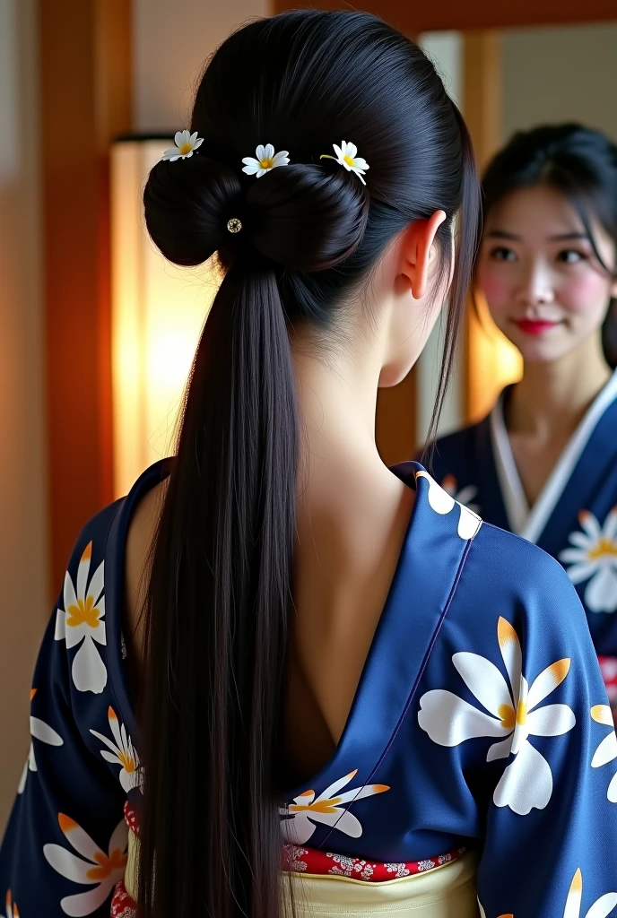 A beautiful girl with lustrous hair in a chignon. She is walking down the street in a beautiful and colorful kimono, showing the nape of her neck. Composition taken from the back, where the nape of her neck is beautifully visible. Luminous light style, Nikon L35af, incredibly beautiful, youthful, romantic, cranberry core, photography, raw photos, top quality