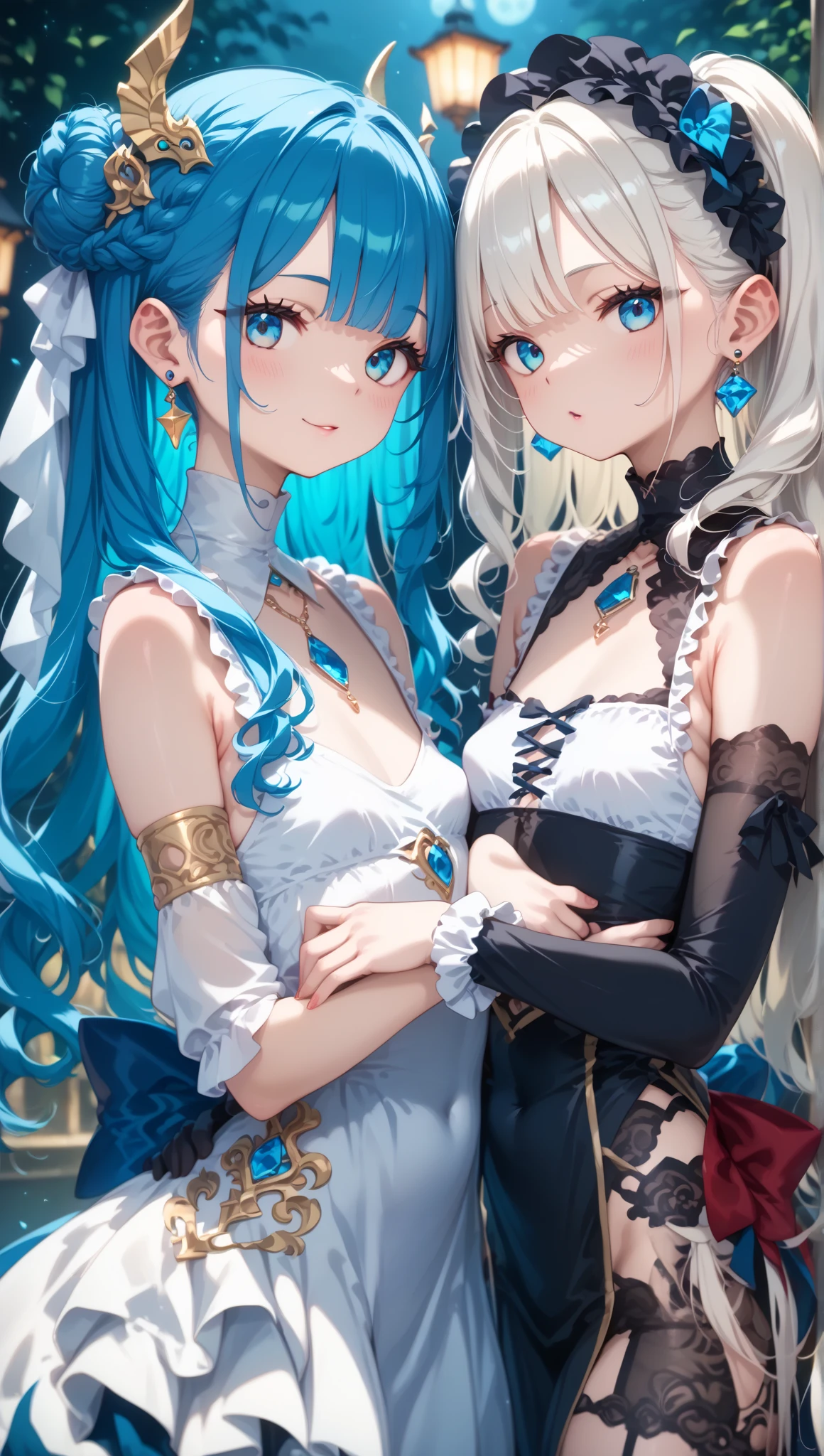 saint,Have fun,in love,(Western Style Magic White Dress),silver hair,blue eyes,seductive pose,Dressed so beautifully,transparent clothes,Lilac texture,blue texture,puffy sleeves,Ruffle,lace,flower decoration,Decorative cloth,bow,european courtyard,2 people,big breasts,Show your breasts,The crevice is clear.