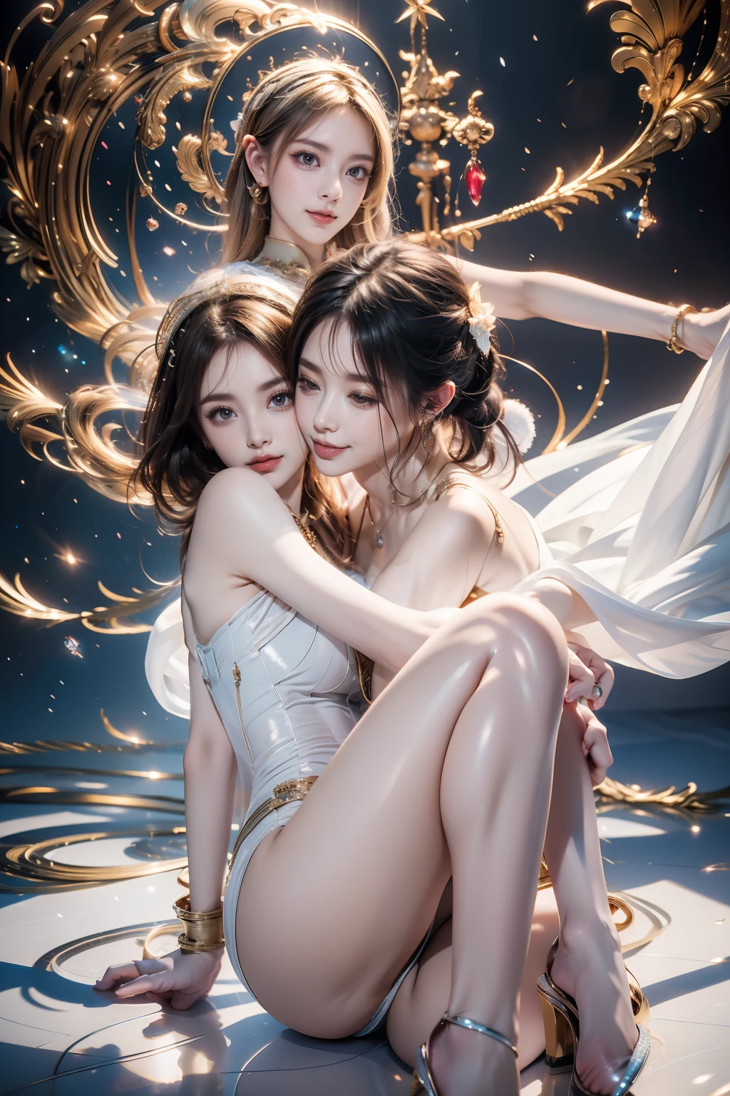 (2 girls),((Yuri))),((Eye contact))),(Look at each other),dancing in the snow, natta,Fireworks show and sea of lights,girl, ,(Best quality), ((tmasterpiece)), (A high resolution), pay,Perfect mature female figure, slim toned body,Original, mediuml breasts,High detail 8K wallpaper, perspired,Wet hair,(very delicate beautiful),Contour deepening, realistically, Precise geometry, Complicated details,Smiling, long, floated hair, Rising with the wind, Snowflake colorful gift,Close-up cleavage,((Sexual suggestiveness)),,(Fechin Oil Painting - Fechin Oil Painting , oil painted), From the knees to the head,