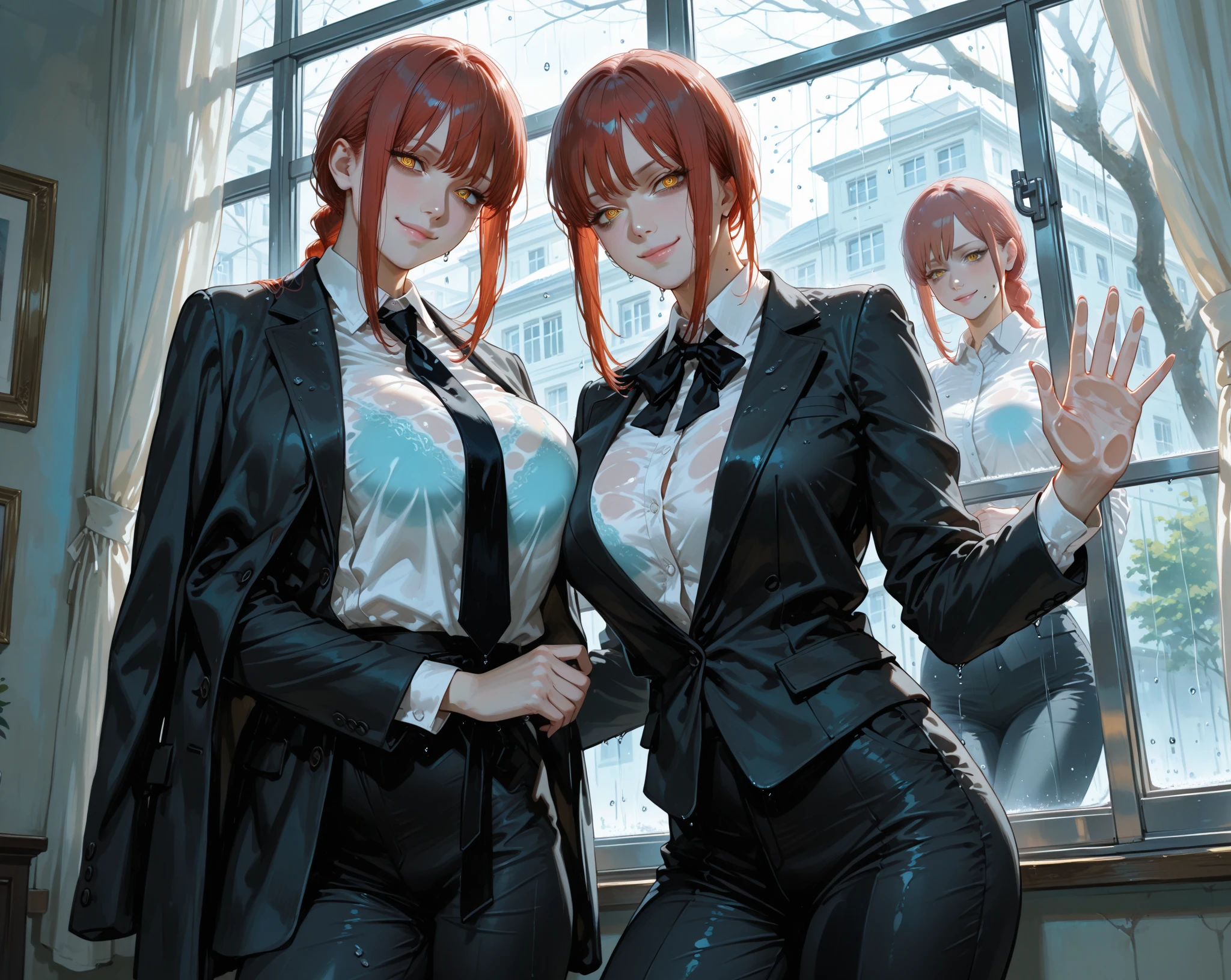 Masterpiece, Beautiful art, professional artist, 8k, art style by sciamano240, Very detailed face, Detailed clothing, detailed fabric, 2 girls, big breasts, standing, front view, perfectly drawn body, pose sexy, beautiful face, long dark crimson hair, Blue eyes, very detailed eyes, pink cheeks, seductive expression, loving smile, glasses, choker:1.6, (long sleeve white collar buttoned shirt), (shiny black corset), black gloves covering your hands, (shiny black leggings), Sensual Lips , winter night, show details in the eyes, looking at the viewer, elegant room, at night,