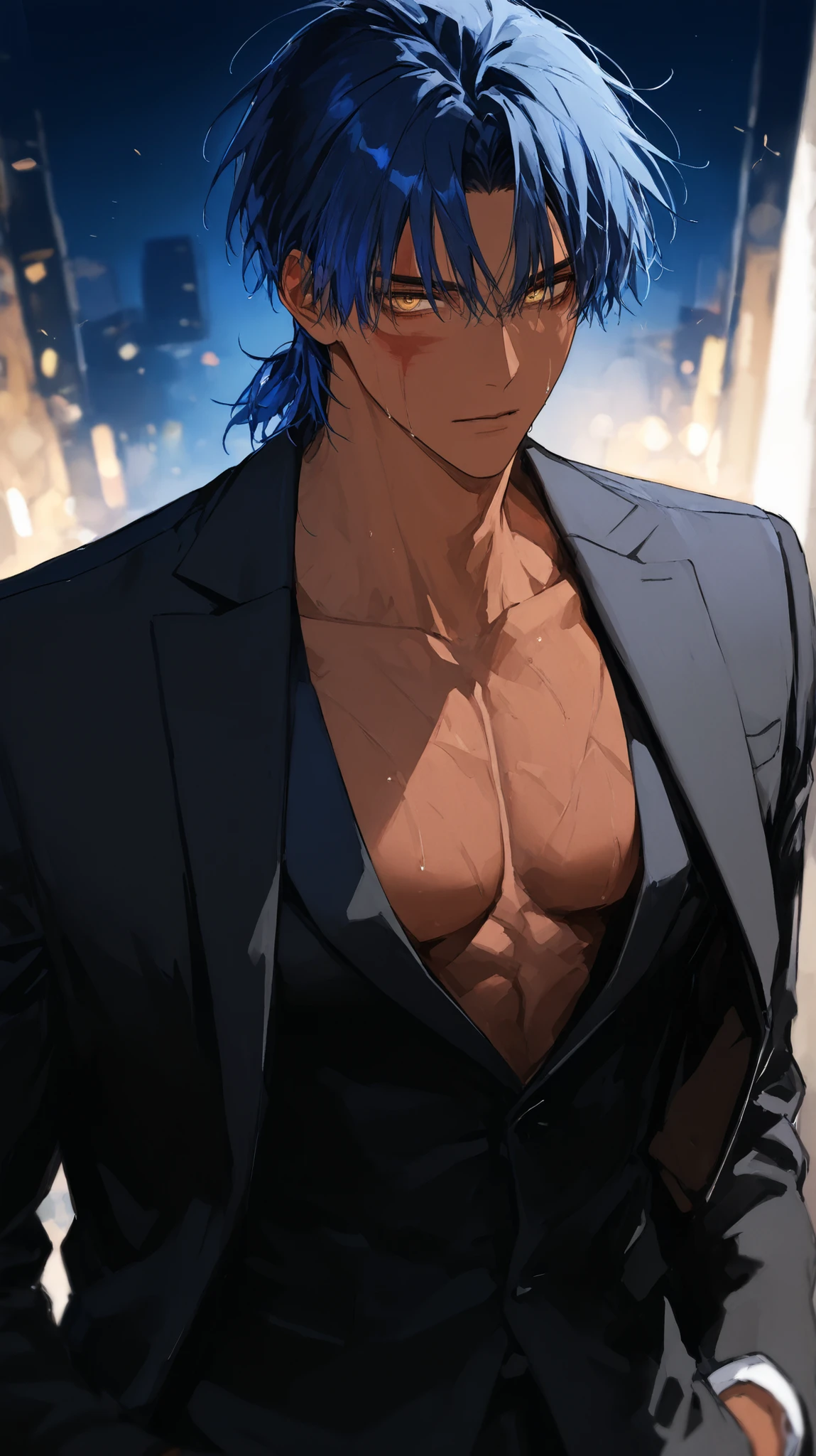 High Definition only one man black suit brown skin dark blue hair Golden eyes Beautiful Boy facial injury