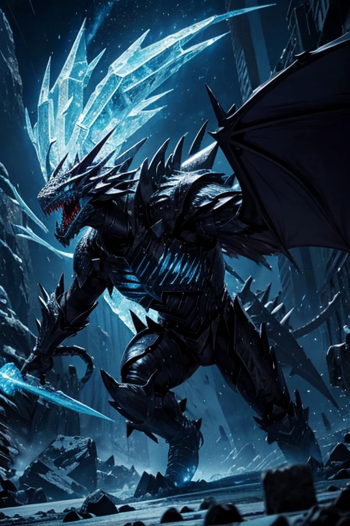 (The tyrannical and powerful Black Dragon King，Modern black and gold armor：2)，(Large dragon body，Huge size，Majestic wingspan，Sharp thorns，Huge dragon claw，Huge paws，Thick dragon tail，The huge black dragon king，Black dragon：2)，Strong physique，(Blue ice flame：2)，Brutal Behemoth，war，glacier，Ice Dragon，Overwhelming presence，Full body picture，Very detailed，4k HD，HD Wallpapers