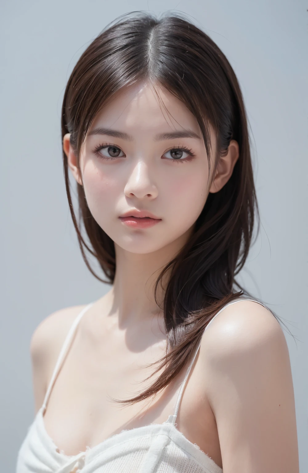Young japanese lady, 30s, White background, It features a simple背景, white-brown hair, slender, 4K, in 8K, High quality, Beauty, Beautiful eyes, It features a simple, High resolution,1 person,Beautiful skins,Beautiful skin