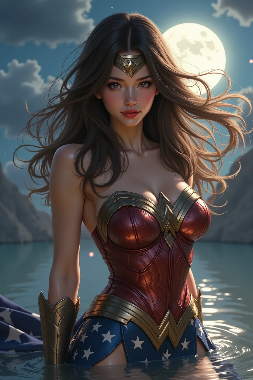 A breathtakingly beautiful Wonder Woman, clad in her iconic red and gold bustier, blue leotard adorned with white stars, and silver bracelets, stands submerged up to her breasts in a tranquil underwater scene. The serene environment is filled with bubbles gently rising from the depths below, illuminating her radiant features. The goddess-like woman boasts big, luscious breasts (1.4) that accentuate her mature, elastic muscleuous body and long, curved legs. Her skin is fine-detailed and has a light tan (1.4), adding to her allure. Her face is a masterpiece of intricate details and