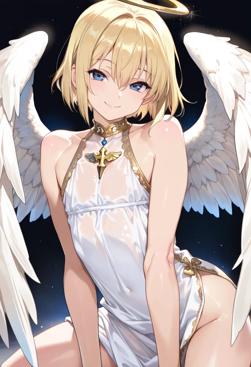 (((1girl))), ((best quality)), ((masterpiece)), ((ultra-detailed)), (illustration), (detailed light), (an extremely delicate and beautiful), (beautiful detailed eyes), (sunlight), ((extremely light)), ((extremely clothes)), (((hyper detail)))
(((adorable white lingerie))),
wavy short manish bob, ((((yellow gold hair)))), ((short hair)),
(((deep red eyes))),
((angel)), (((angel wings))), ((angel halo)),
(((whole body))), aged 13 to 16,
(((extra adorable))), (((extra slender shape))),
(((extremely beautiful detailed face))),
(mischievous smile with sexual satisfaction), (adorable smile),
(((condescending expression))),
(((sitting on the sofa with a leg up))), (((((Dutch angle))))),
((())), ((from below)),
(((extremely thin thighs))), (((white stockings)))