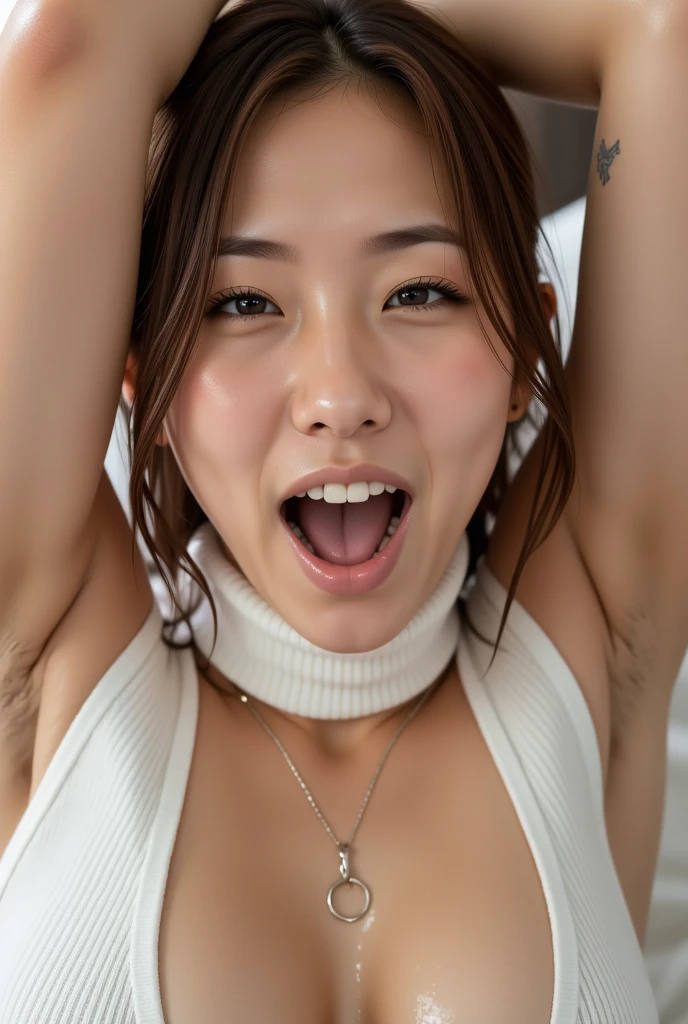 (masterpiece:1.2), Very detailed, Ultra-high resolution, (Realistic, photo Realistic:1.6), High-resolution RAW color photos, Professional photos, Dramatic lighting, 映画のFunctionalなシーン、Sharp focus:1.2, (Very detailed顔と肌の質感, Very beautiful eyes, Glossのある肌, Glowing Skin, Glowing Skin, Shining Face, Gloss, Oily skin, greasy face, Oily skin, greasy face, 強いGloss), Perfect Anatomy, Very detailed背景, 1 female, 25-year-old woman, Japanese women,Height: 168cm, (Short Bob Hair, Straight hair, bangs:1.3, Brown Hair), (Lean:Weight 1.0), (Flat Chest:1.9),(Slender legs:1.4)、(((dim:1.4)),(((Hotel Bedroom))) 、(((Completely naked))),(Erotic), ((Functional)), ((Glowing Skin))、Open your mouth and scream、((Put your right hand in front of your mouth))、(((Fingers in a gripping pose:1.5)))、Looking up at the sky、Close ~ eyes