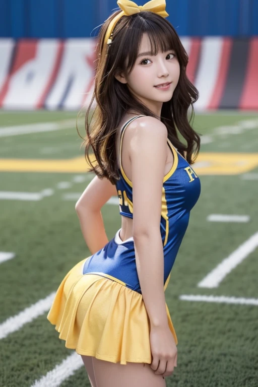 ((highest quality)), ((masterpiece)), (get used to it), perfect face, fox girl, Beautiful woman, public, A tail is growing, she has a fluffy tail, she has a fox tail, she wags her tail, smile, collar, She is wearing a cheerleader uniform, beautiful hips, big breasts , big tail