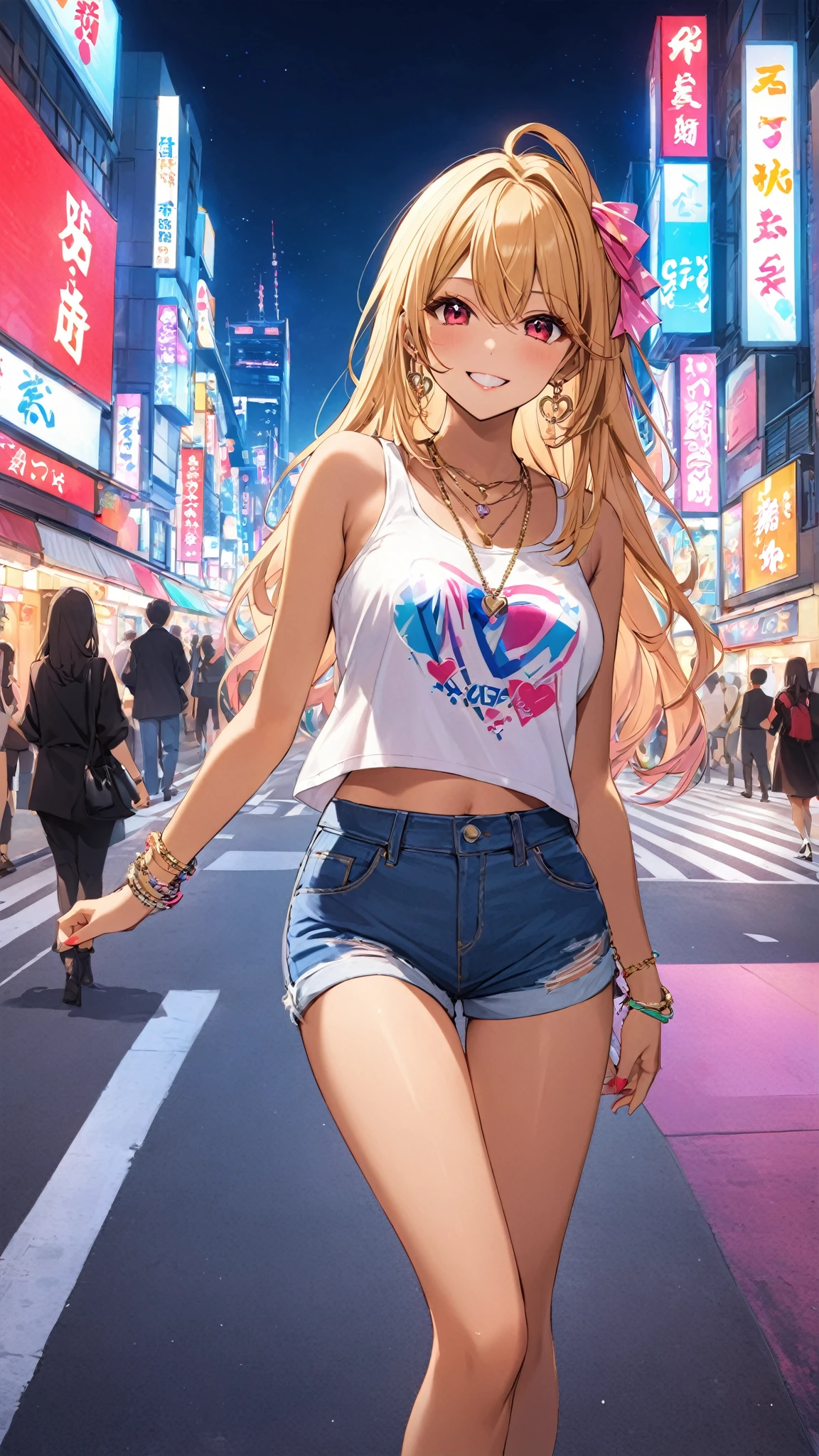 A mischievous girl with a sly grin, standing in a busy city. She has sharp, narrow eyes giving a teasing look, and her eyebrows are raised in a playful manner. She wears a with a playful twist:, funky socks, and a few quirky accessories like bracelets and hair clips.. in the city near a love hotel.,(masterpiece:1.3),(highest quality:1.4),(ultra detailed:1.5),High resolution,extremely detailed,unity 8k wallpaper, blonde hair, green eyes, wearing bikini top and a jean shorts