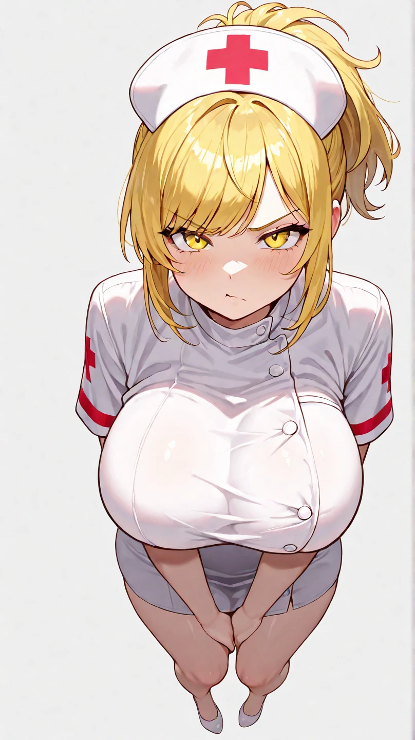 android 18
blonde hair,short hair, blue eyes,1 girl, standing alone, breastsout, gazing_phi_viewer, ssmile, 小柄_body hair, cerulean_eyeballs, blond_body hair, Nurse_vestimentas, hinterland, Huge breasts, fakebreasts